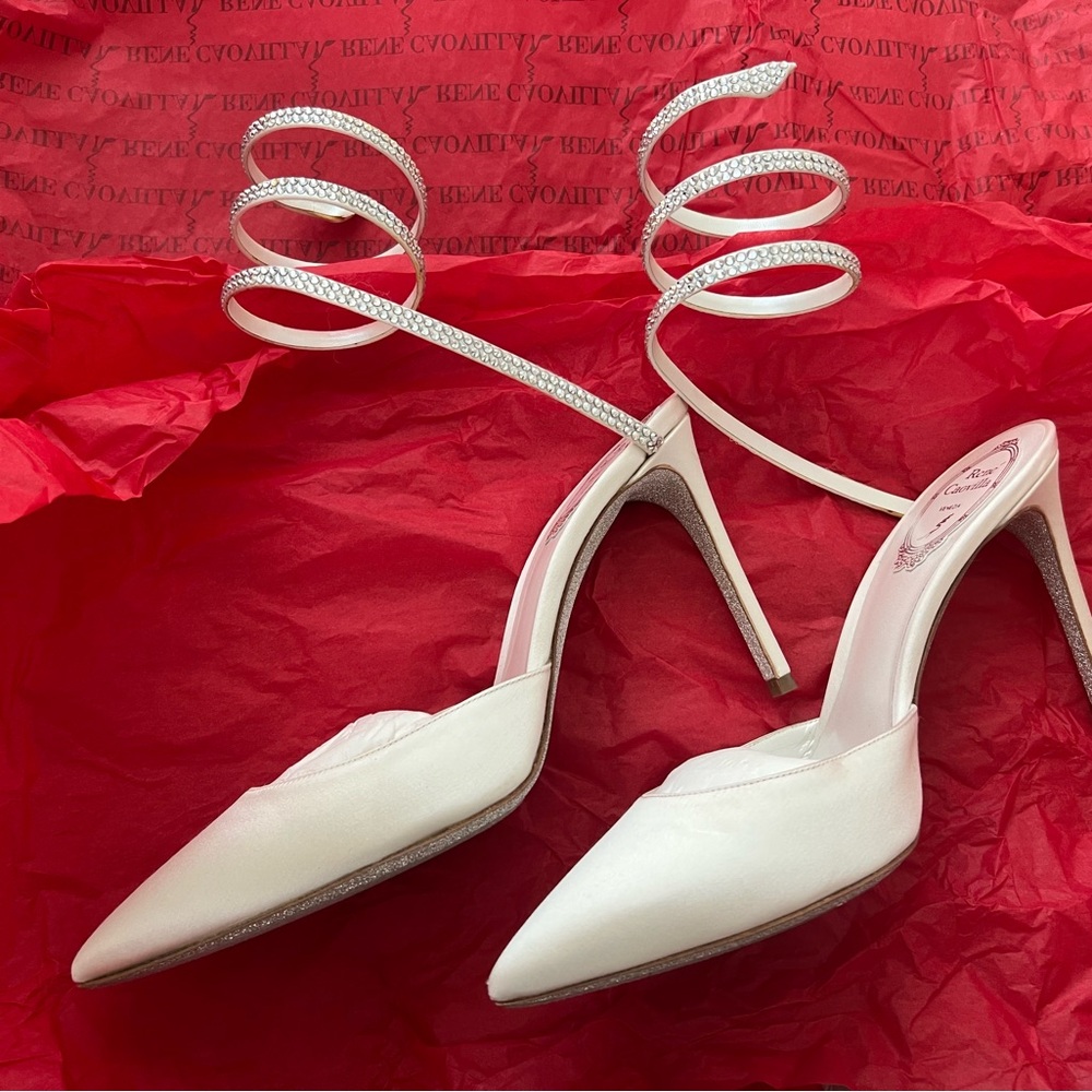 Rene Caovilla White Spiral Strap Heels